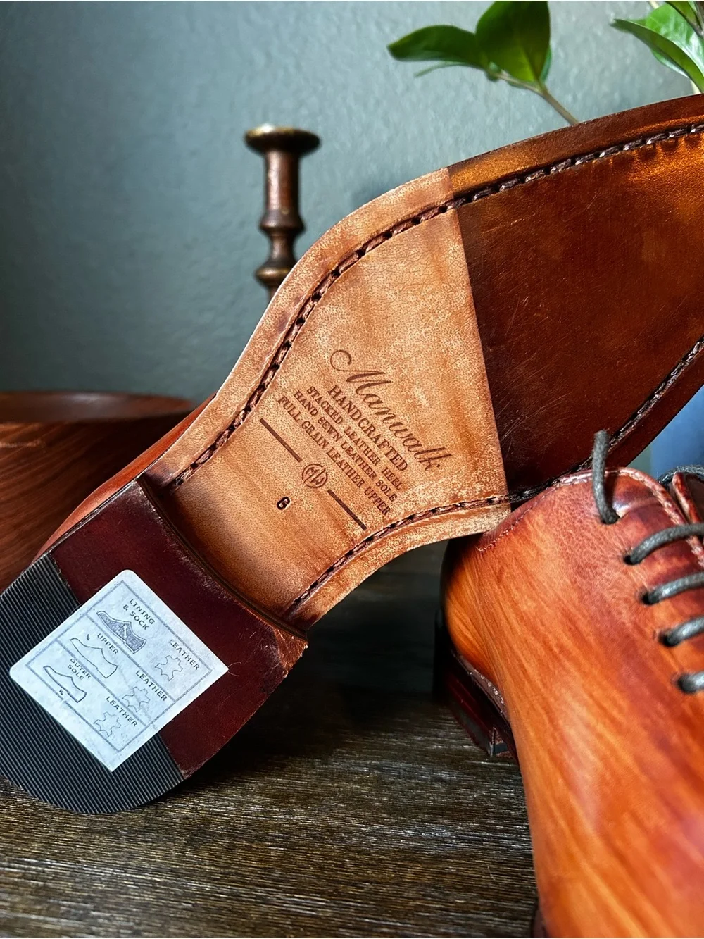 MANWALK Men’s whole-cut leather oxfords. Hand-painted in a cognac patina U.S. 8